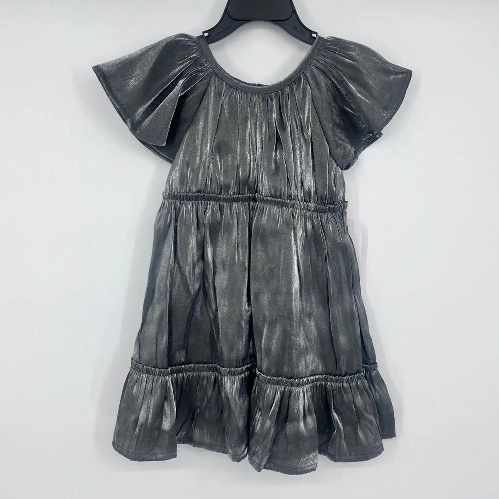 Gunmetal Silver Metallic Tiered Flutter Sleeve Dress Girls 3T Holiday Festive